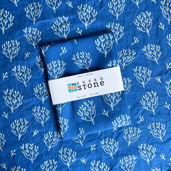 Linen + Cotton Tea Towel with Blue Coral