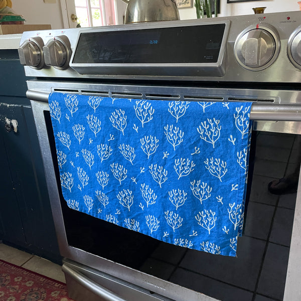 Linen + Cotton Tea Towel with Blue Coral