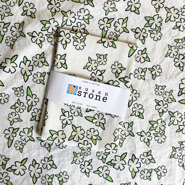 Linen + Cotton Tea Towel with White Flowers