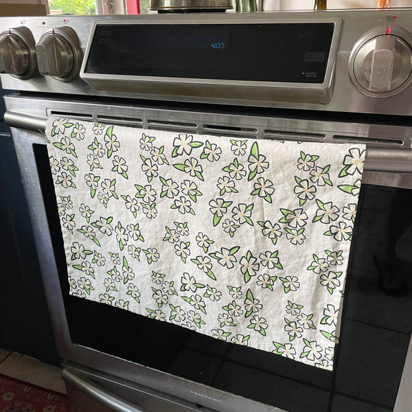 Linen + Cotton Tea Towel with White Flowers