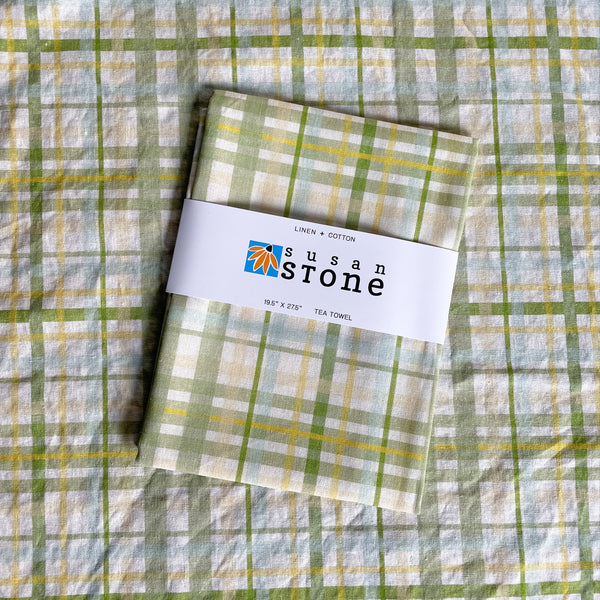 Linen + Cotton Tea Towel with Green Plaid