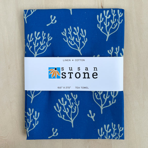 Linen + Cotton Tea Towel with Blue Coral