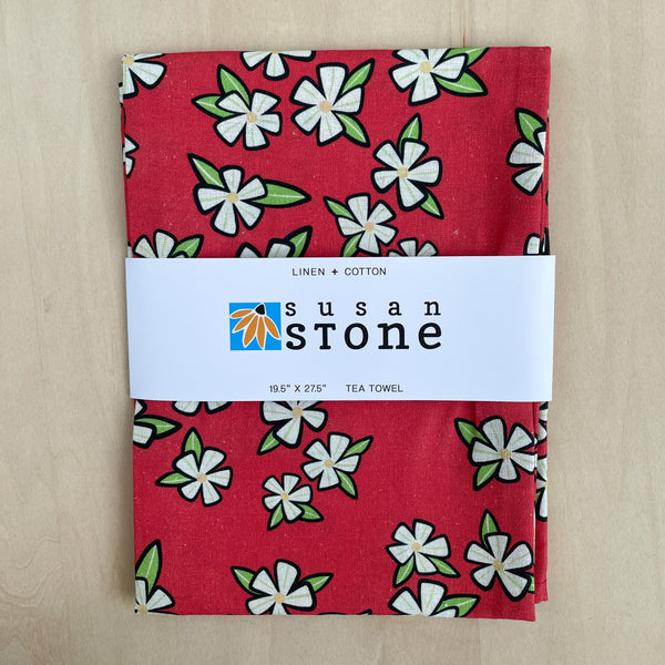 Linen + Cotton Tea Towel with Red Flowers