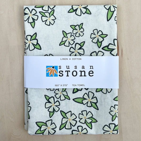 Linen + Cotton Tea Towel with White Flowers