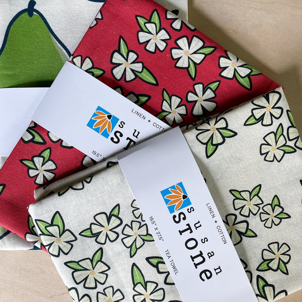 Linen + Cotton Tea Towel with Red Flowers