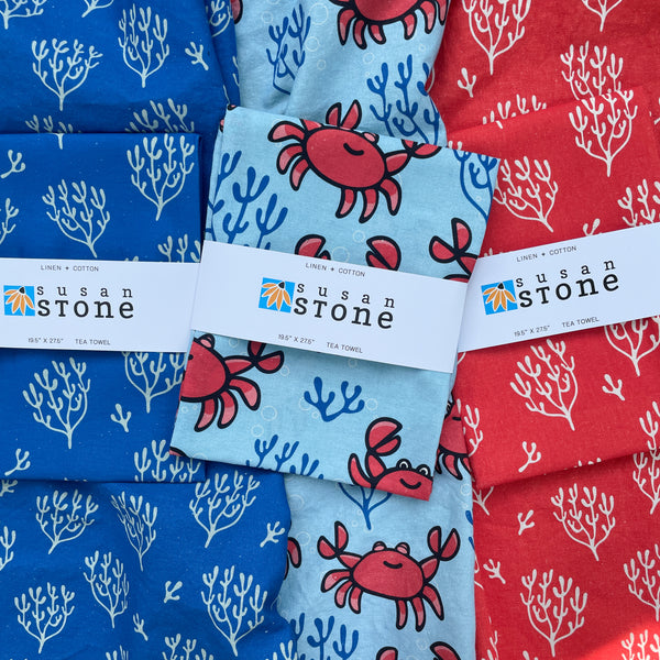 Linen + Cotton Tea Towel with Blue Coral