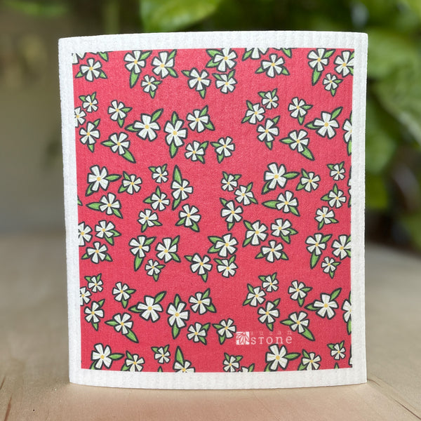 Swedish Dishcloth with Flowers on Red