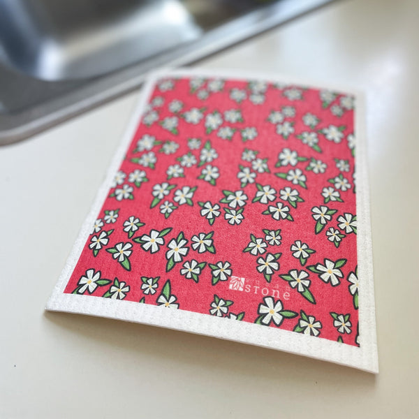 Swedish Dishcloth with Flowers on Red
