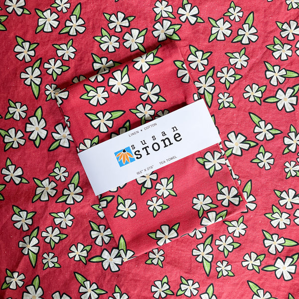 Linen + Cotton Tea Towel with Red Flowers