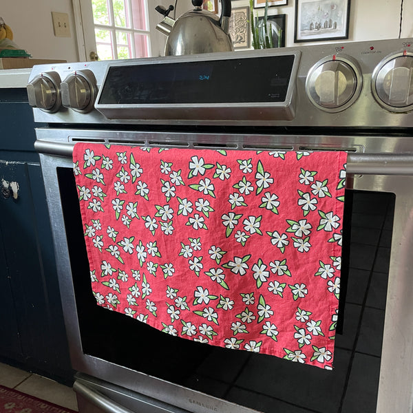 Linen + Cotton Tea Towel with Red Flowers