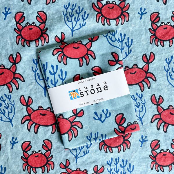 Linen + Cotton Tea Towel with Happy Crabs