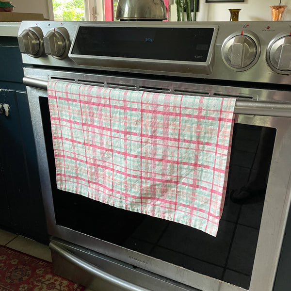 Linen + Cotton Tea Towel with Pink Plaid