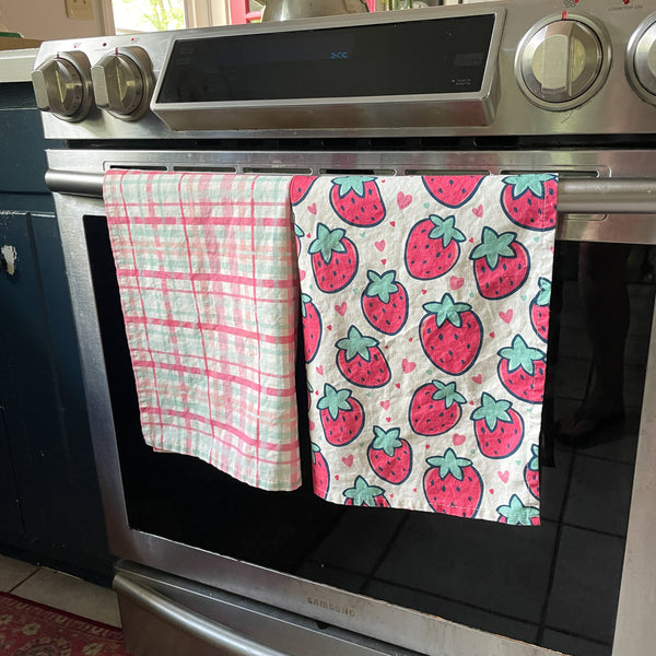 Linen + Cotton Tea Towel with Pink Plaid