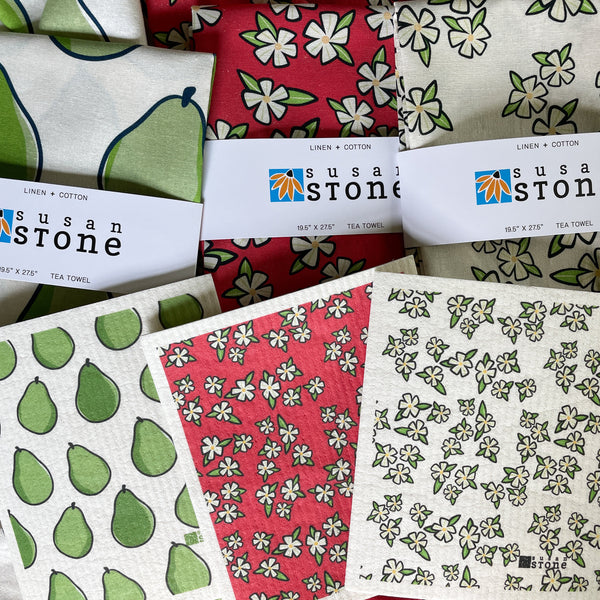 Linen + Cotton Tea Towel with Red Flowers