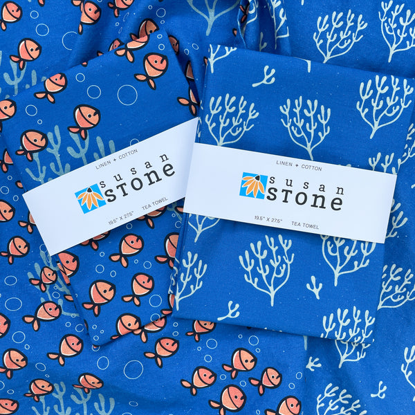 Linen + Cotton Tea Towel with Blue Coral