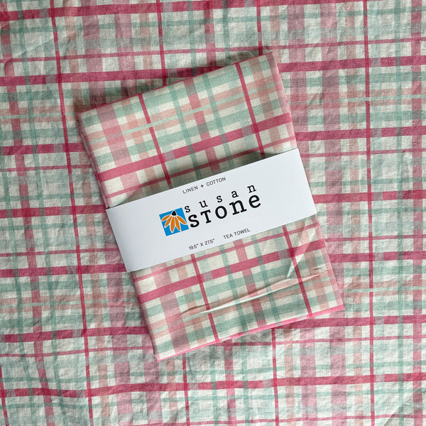 Linen + Cotton Tea Towel with Pink Plaid