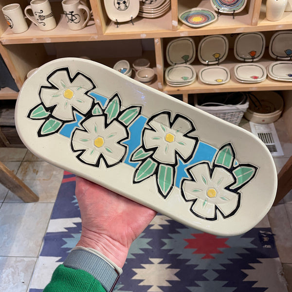 Tray with Flowers on Blue