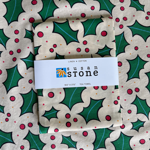 Linen + Cotton Tea Towel with Holly