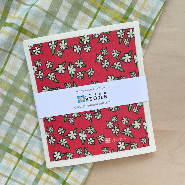 Swedish Dishcloth with Flowers on Red